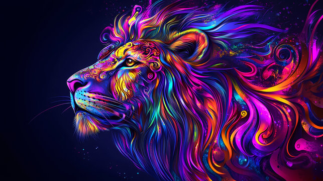 Glowing abstract lion with vibrant neon colors, intricate patterns on the mane, ultraviolet effect, high contrast, dark background. Ambient Fluorescence. Illustration
