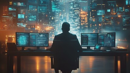 Businessman working in a futuristic control room