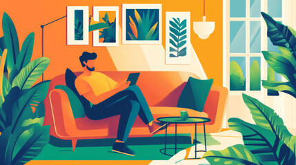 Augmented reality application of smartphone that lets you place virtual furniture to your real home before buying. Man holding smartphone in hand horizontally.