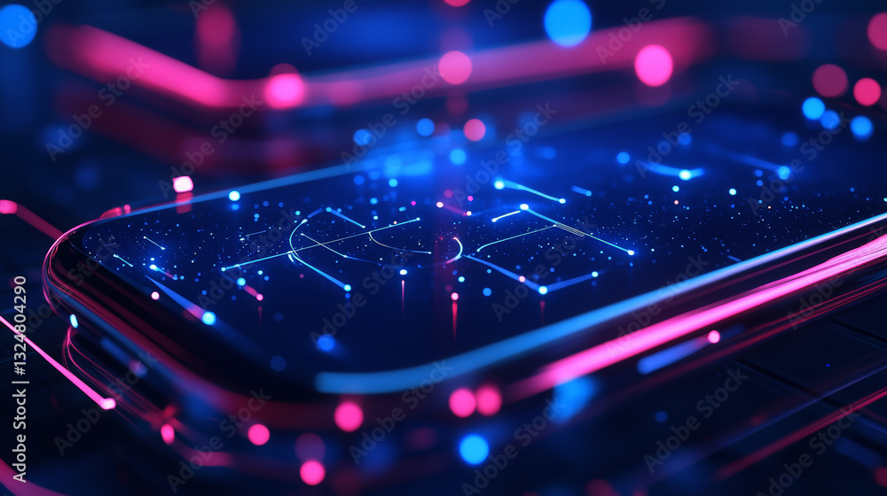 Poster abstract image of a handset in the form of a starry sky or space, consisting of points, lines, and s