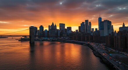 Obraz premium The fiery glow of a dramatic sunset sets the Manhattan skyline ablaze, shimmering over the water.