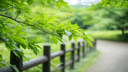 Lush Green Leaves On Branch Near Wooden Fence And Pathway With Soft Focus Background In Daylight
