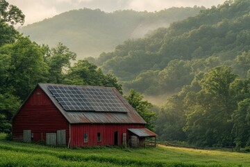 Obraz premium Solar panels enhance traditional farming practices near a scenic mountain landscape Generative AI