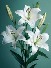 Fototapeta premium White lilies in a soft green background display beauty