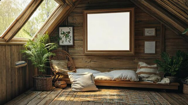 Sunlit cozy loft with rustic decor and lush plants creates serene atmosphere
