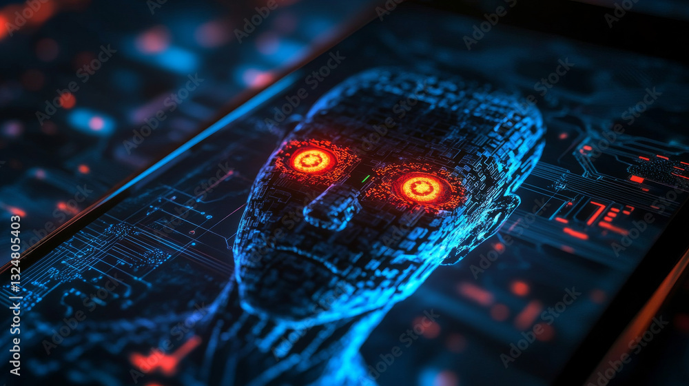 Poster ai with scary face on screen phone. head chat bot with lightning eyes. bad artificial intelligence i