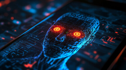 AI with scary face on screen phone. Head chat bot with lightning eyes. Bad Artificial Intelligence in image cyborg look at eyes. Malicious AI or computer ransomware virus taken over mobile phone.