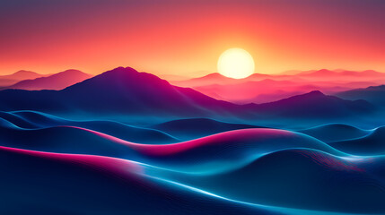 Vibrant abstract landscape fluid art neon colors gradient waves pink blue orange. Ambient Fluorescence. Illustration