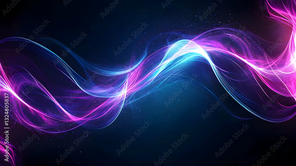 Poster dynamic flowing abstract background with pink and blue particles on a dark blue background