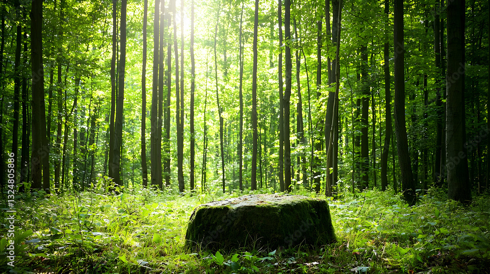 Poster lush green forest scene with sunlight filtering through trees and tree stump in foreground