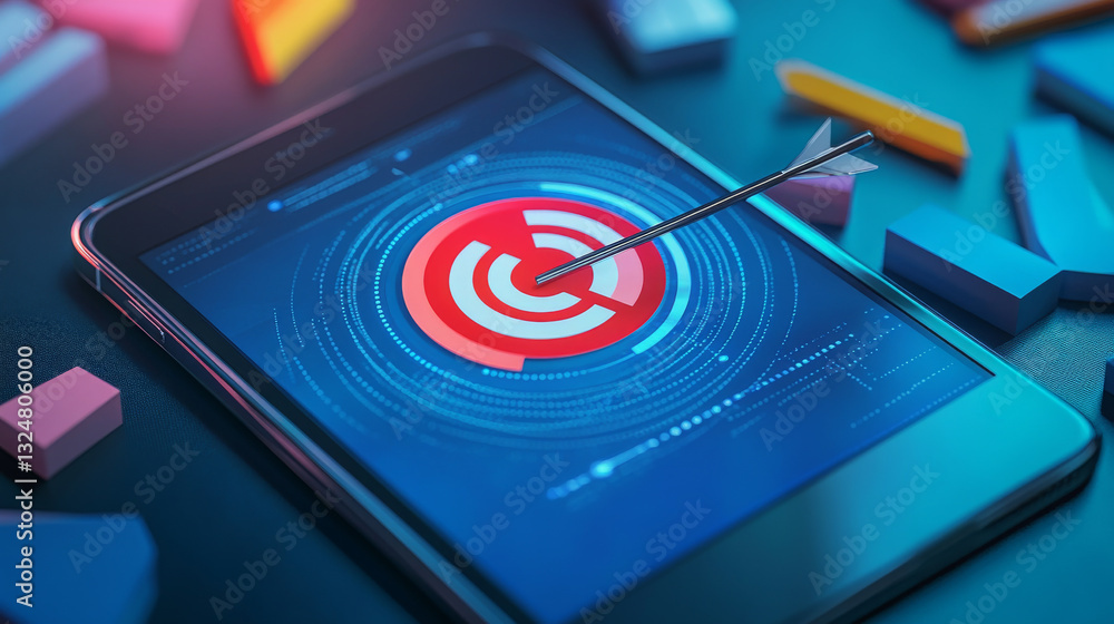 Poster abstract polygonal isolated target with arrow on smartphone screen in a hand on white background. lo