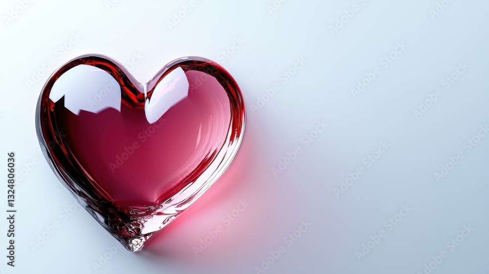 Poster a transparent heart-shaped object filled with deep red liquid sits on a light surface, casting gentl