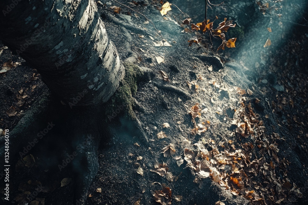 Poster sunlit autumn leaves scattered around the exposed roots of a large tree in a forest.