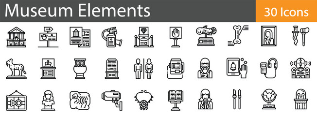 Museum Elements includes outline vector icons illustrating cultural exhibits, historical collections, heritage artifacts, and gallery displays. Editable stroke vector illustration.