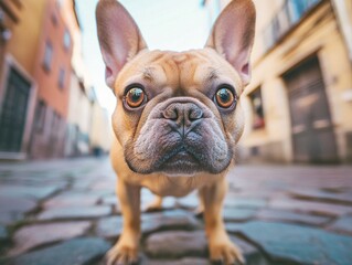 Adorable fawn-colored French Bulldog puppy curiously looks at the camera while standing on a cobblestone street.