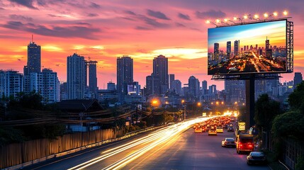 Obraz premium City skyline at dusk with a large billboard showing a city view. Possible use showcasing advertising in urban environments