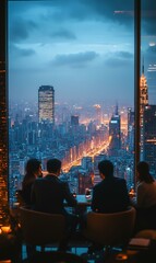 City skyline view from rooftop bar, people enjoying drinks at night.  Possible use Stock photo for travel, business, or leisure