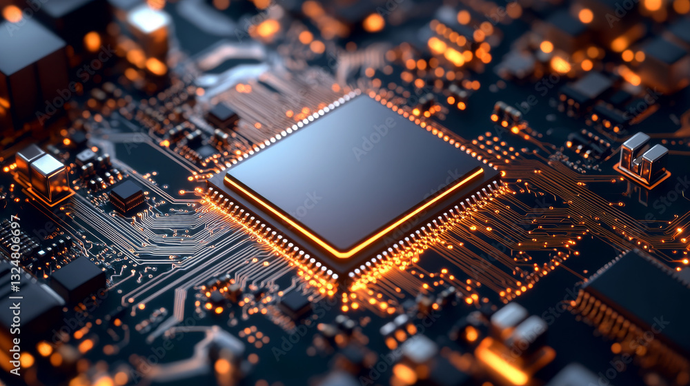 Poster cpu of phone. microchip, smd electronic components of mobile device on circuit board or motherboard.