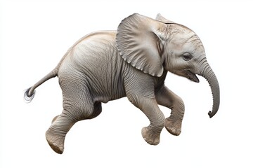 Obraz premium A playful baby elephant leaps through the air, its wrinkled gray skin and large ears contrasting against a stark white background. Pure energy and charm!
