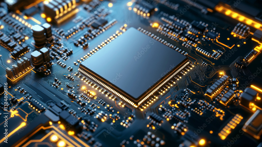 Poster cpu of phone. microchip, smd electronic components of mobile device on circuit board or motherboard.