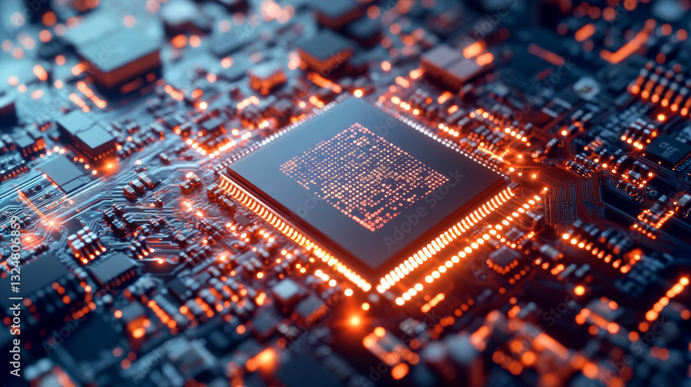 Poster cpu of phone. microchip, smd electronic components of mobile device on circuit board or motherboard.