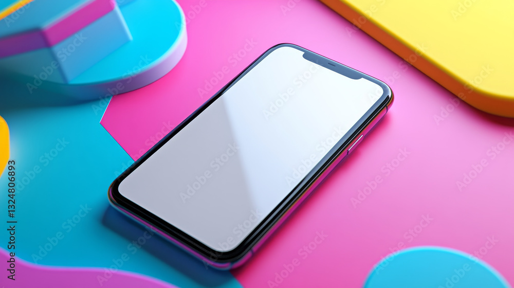 Poster phone with empty screen is on the table or reflection surface. smartphone lies on desktop. 3d isomet