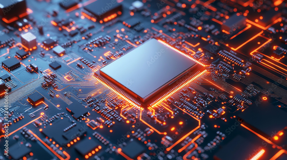 Poster cpu of phone. microchip, smd electronic components of mobile device on circuit board or motherboard.