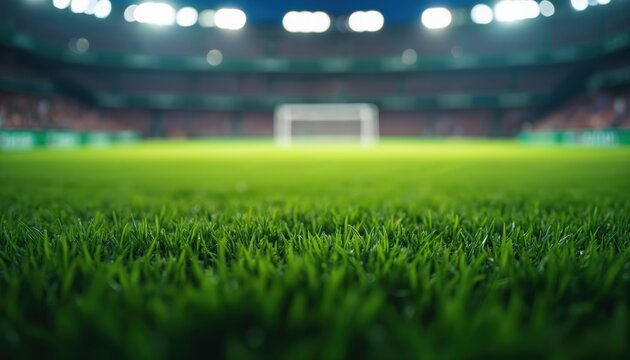 Close-up of grass on football field, soccer stadium, bright night lights. Empty arena, goal, lawn. Concept sport, championship, victory, game, team, play. Ground level perspective of lawn.