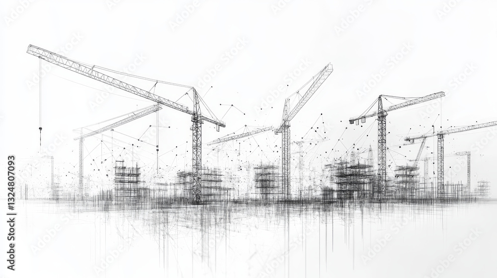 Poster a construction site with lots of tower cranes. low poly wireframe digital vector illustration. polyg