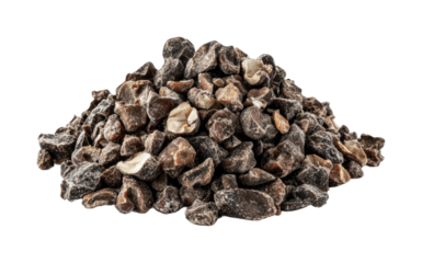 Pile of dried black garlic cloves, cut out