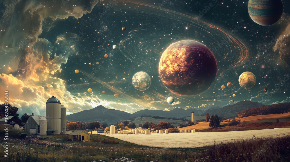 Poster abstract image of a dairy in the form of a starry sky or space, consisting of points, lines, and sha
