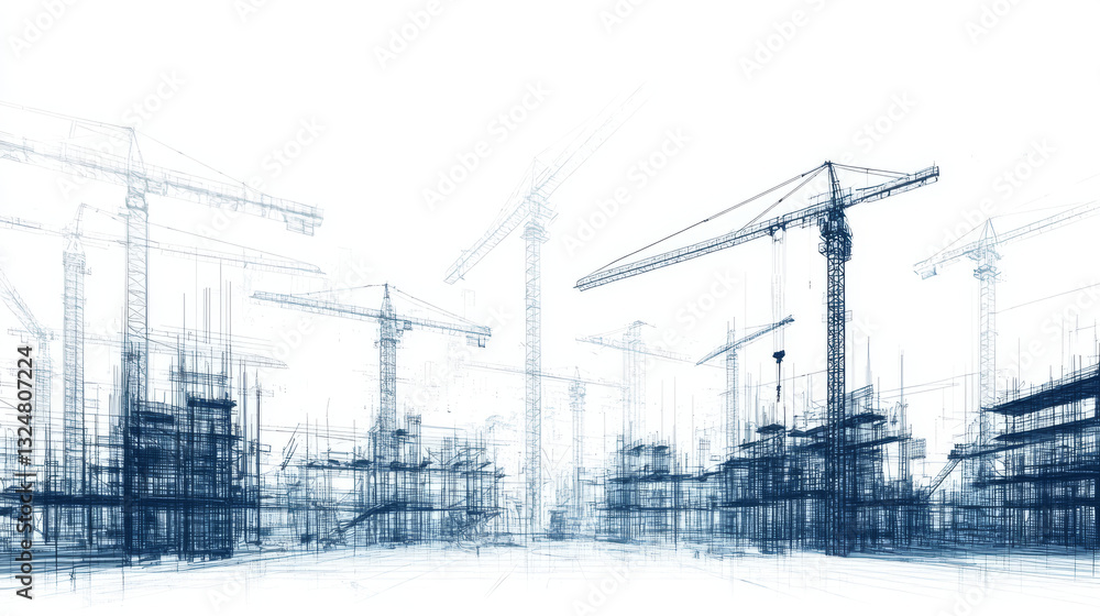 Poster a construction site with lots of tower cranes. low poly wireframe digital vector illustration. polyg