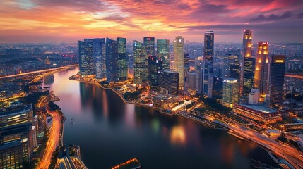 Skyline view of a vibrant city at dusk with reflections in the water and illuminated buildings
