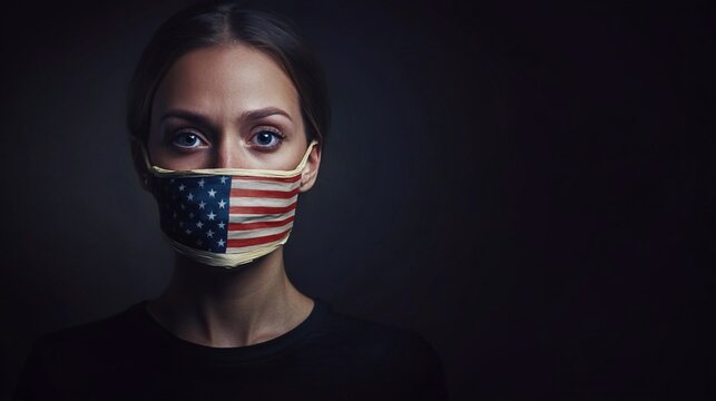 Woman with American flag mask in a dark setting highlighting individuality and resilience during challenging times - Powered by Adobe