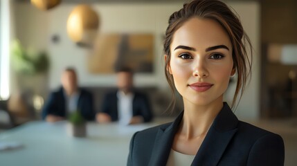 Naklejka premium Confident businesswoman in modern office setting; professional portrait, potential for use in career, leadership, or business articles