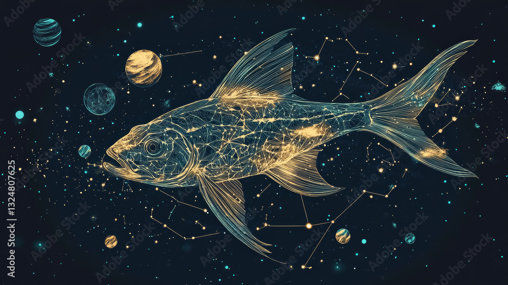 Poster abstract image of a fish in the form of a starry sky or space, consisting of points, lines, and shap