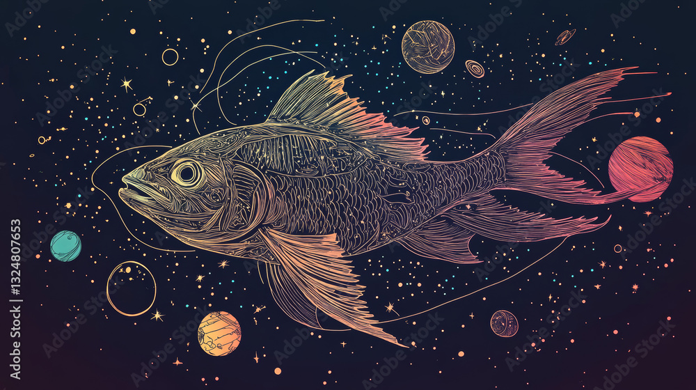 Poster abstract image of a fish in the form of a starry sky or space, consisting of points, lines, and shap