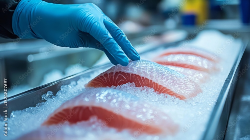 Poster workers in a food production facility carefully handle fresh salmon fillets placed on ice. the scene