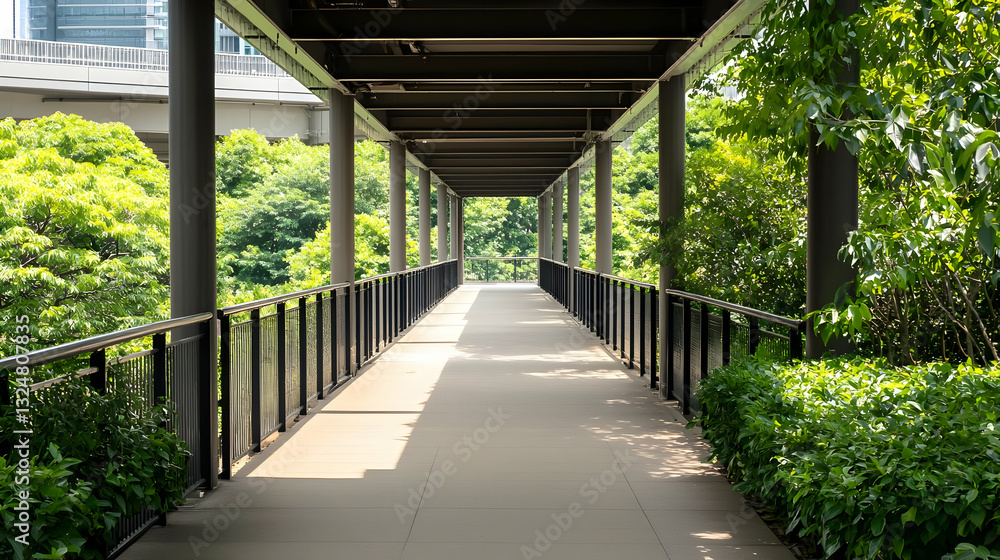 Poster covered concrete bridge walkway with green foliage railings columns and open sky background