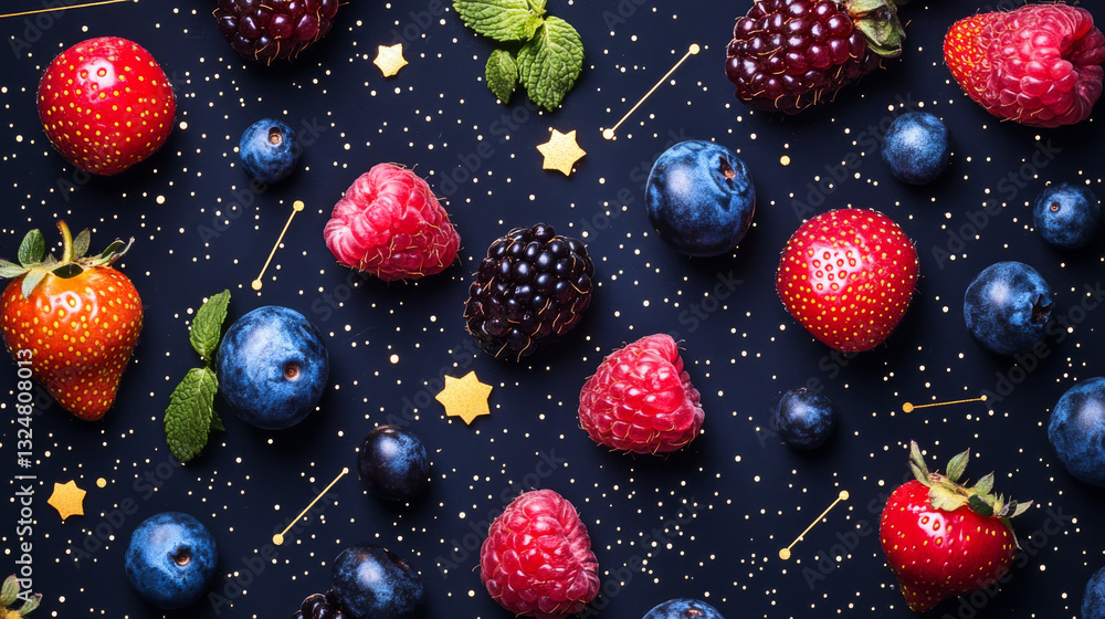 Poster abstract image of a mixed berries in the form of a starry sky or space, consisting of points, lines,
