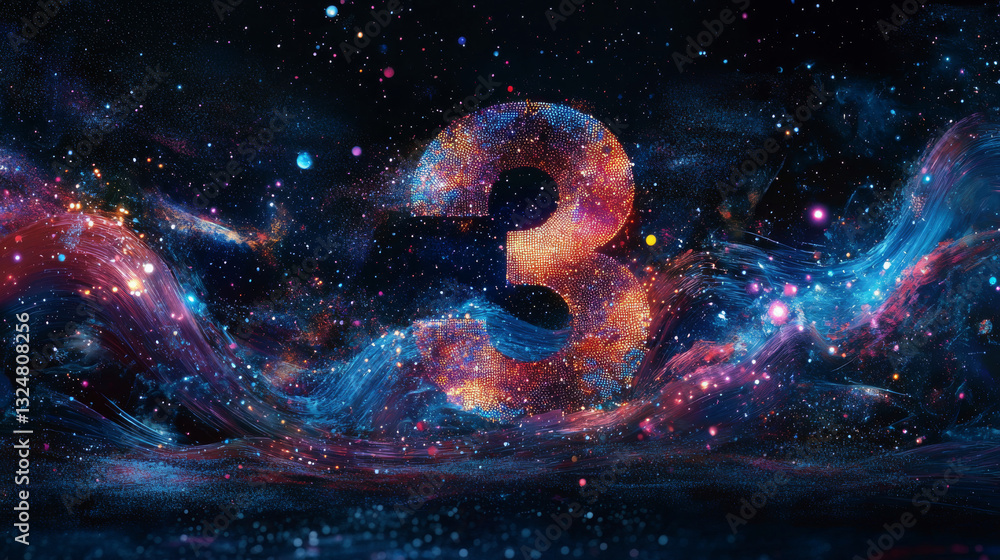 Poster abstract image of a number three in the form of a starry sky or space, consisting of points, lines, 