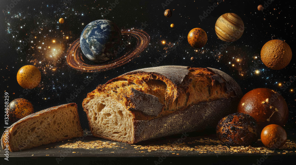 Poster abstract image of a wholewheat in the form of a starry sky or space, consisting of points, lines, an