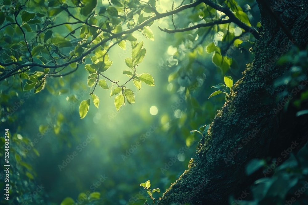 Poster sunlit leaves and branches in a lush green forest, creating a serene and tranquil atmosphere.