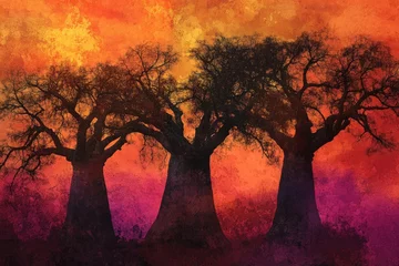 Fototapete Three majestic baobab trees silhouetted against a vibrant, fiery sunset. © stockphoto02