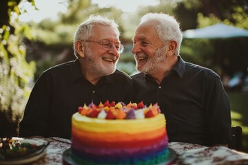 Senior gay couple smiling at each other at birthday party with rainbow cake