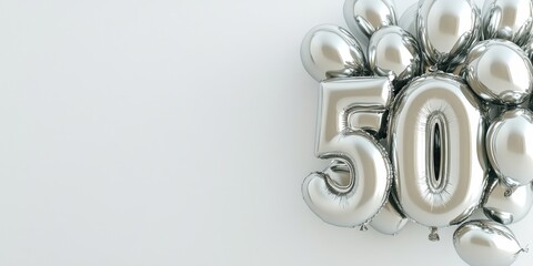 Silver balloon arrangement for 50th celebration on white background