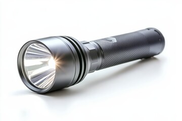 Black metal flashlight with shining beam isolated on Transparent Background