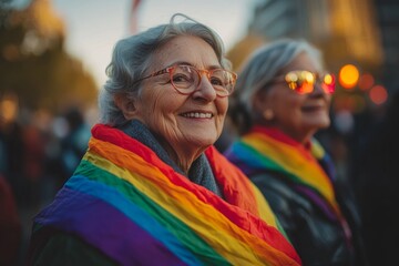 Elderly women participating in a pride parade, wrapped in rainbow flags, symbolizing lgbtq support and inclusivity