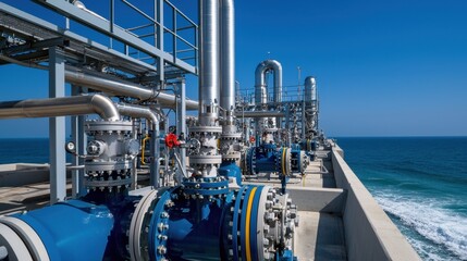 A detailed view of an industrial facility located by the coast, featuring large blue valves and metallic piping against a backdrop of the ocean and clear sky during daylight