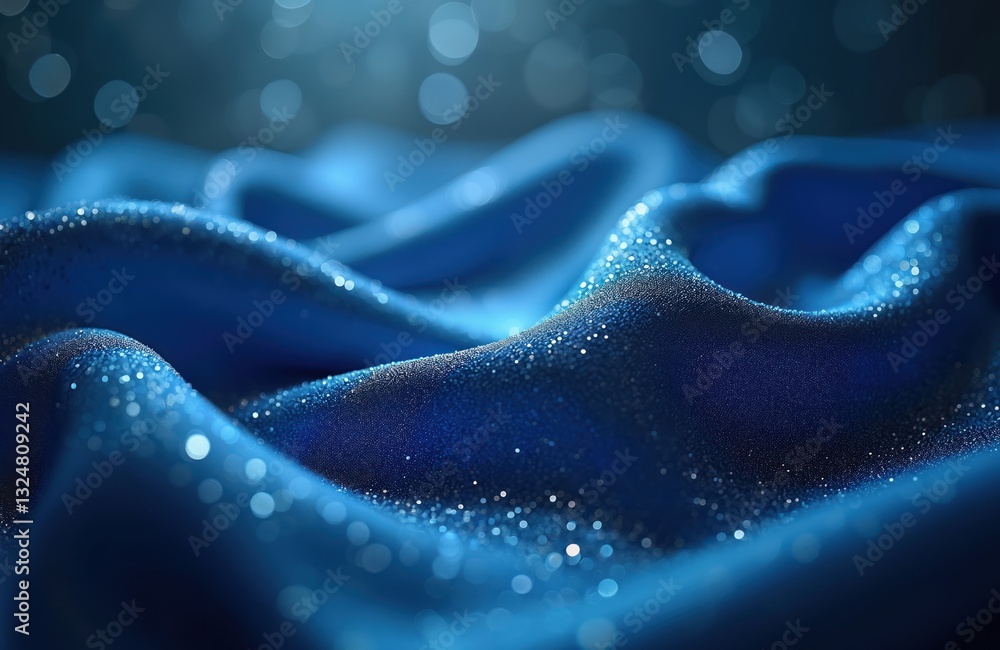 Poster lustrous blue fabric with bokeh, glitter effect. shimmering textile background, luxury material with